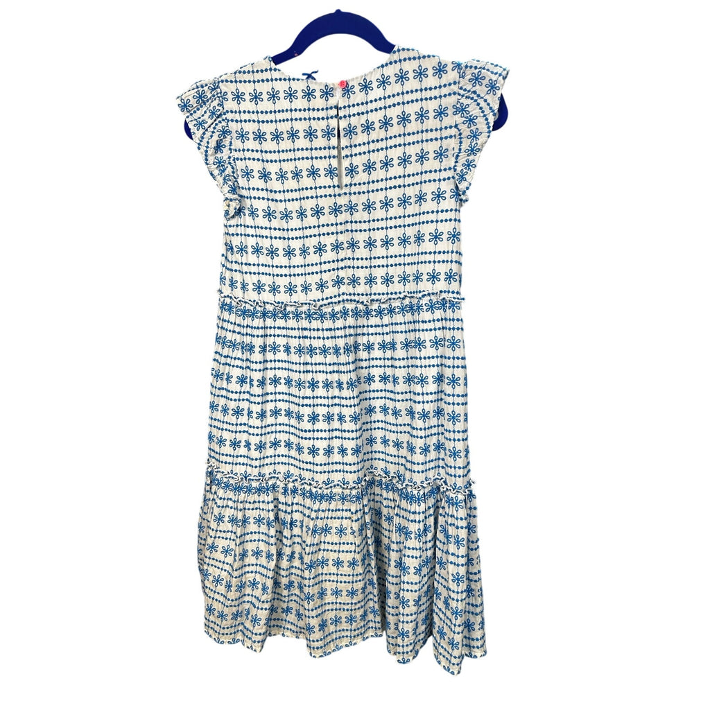 270-Girls' Blue & White Geometric Embroidered Tiered Dress by Crewcuts size 12