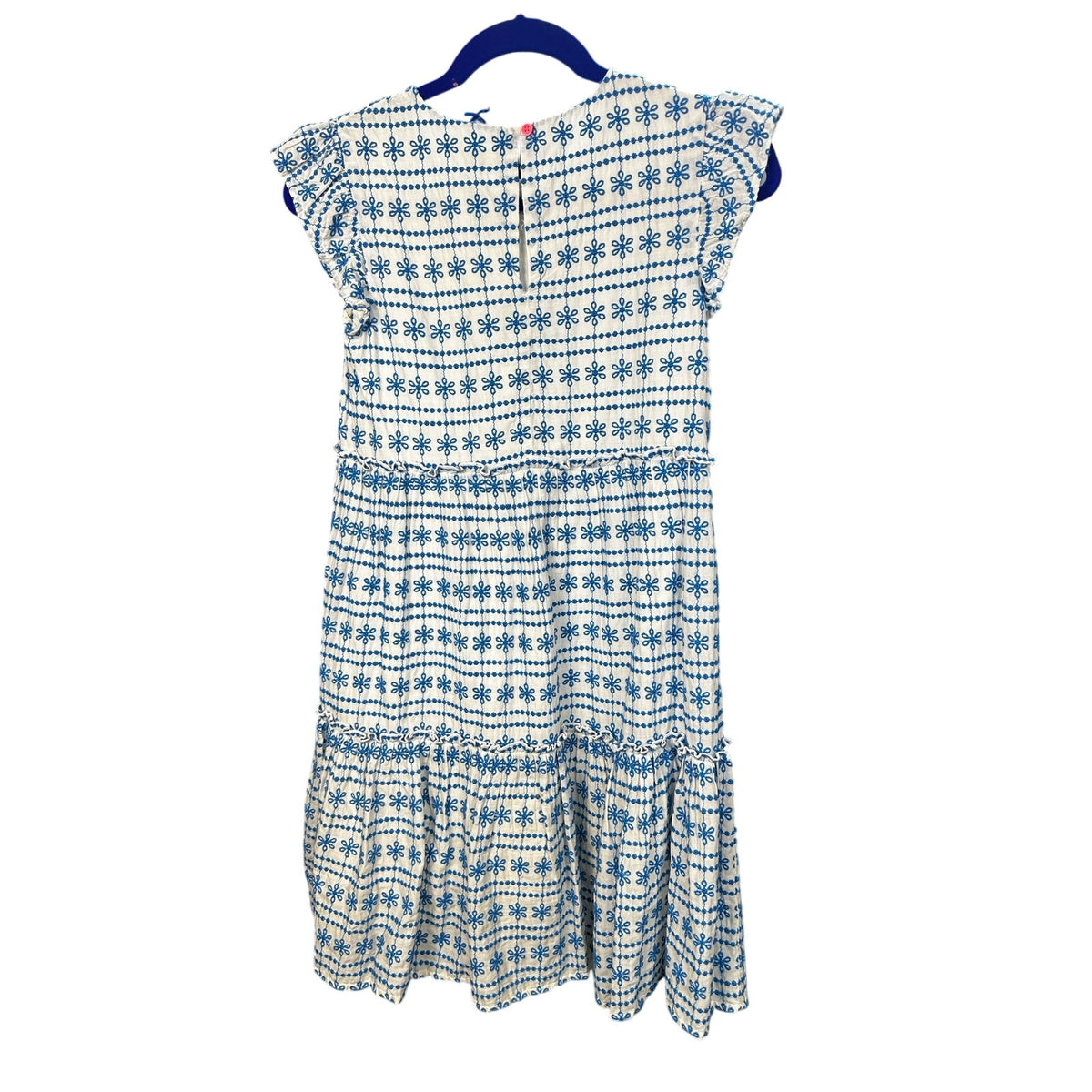 270-Girls' Blue & White Geometric Embroidered Tiered Dress by Crewcuts size 12