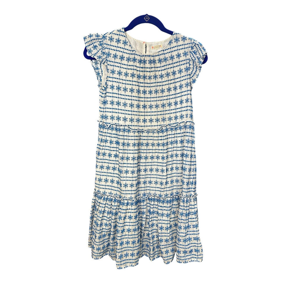 270-Girls' Blue & White Geometric Embroidered Tiered Dress by Crewcuts size 12