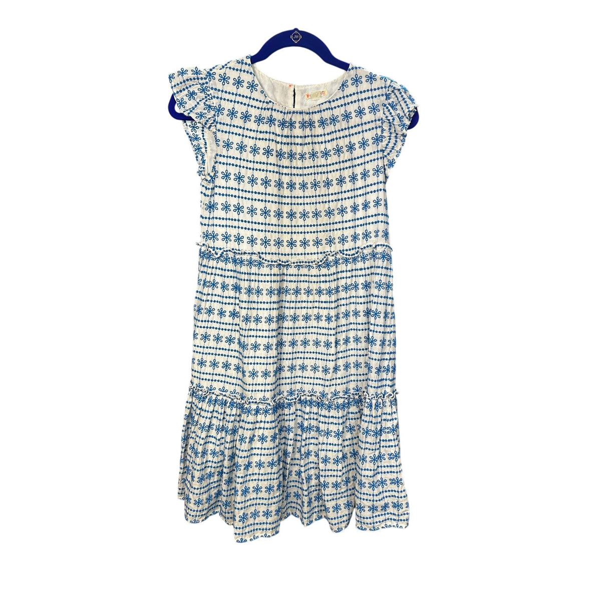 270-Girls' Blue & White Geometric Embroidered Tiered Dress by Crewcuts size 12