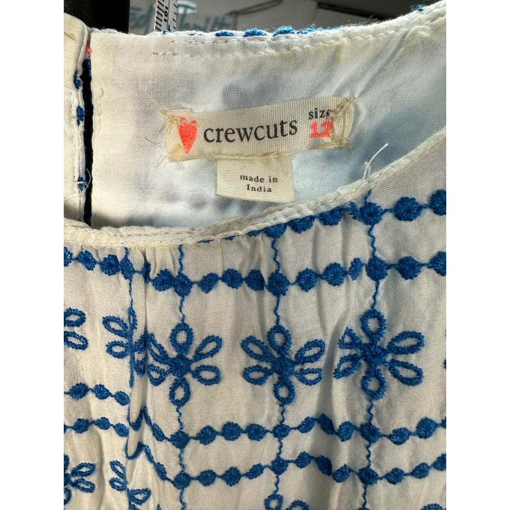 270-Girls' Blue & White Geometric Embroidered Tiered Dress by Crewcuts size 12