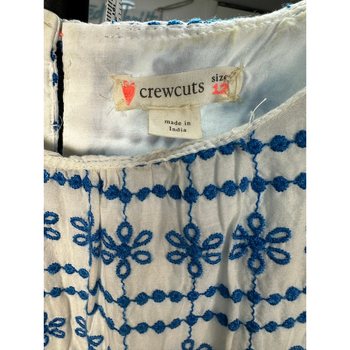 270-Girls' Blue & White Geometric Embroidered Tiered Dress by Crewcuts size 12
