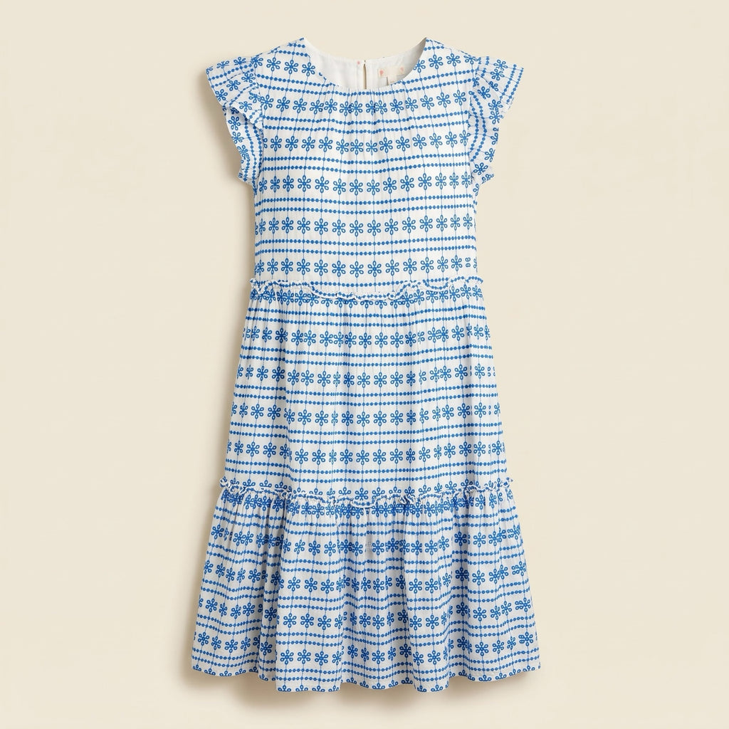 270-Girls' Blue & White Geometric Embroidered Tiered Dress by Crewcuts size 12